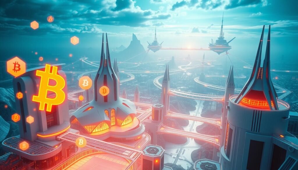 A dynamic and visually striking metaverse landscape, with futuristic crypto-inspired architecture and structures. In the foreground, holographic cryptocurrency symbols and data visualizations float and interact, casting a warm glow. The middle ground features sleek, minimalist buildings with clean lines and geometric shapes, bathed in a cool, neon-infused lighting. In the background, a vast, otherworldly skyline stretches out, with towering spires and floating platforms connected by gleaming bridges. An overall sense of technological innovation, financial progress, and a glimpse into the seamless integration of the physical and digital realms.