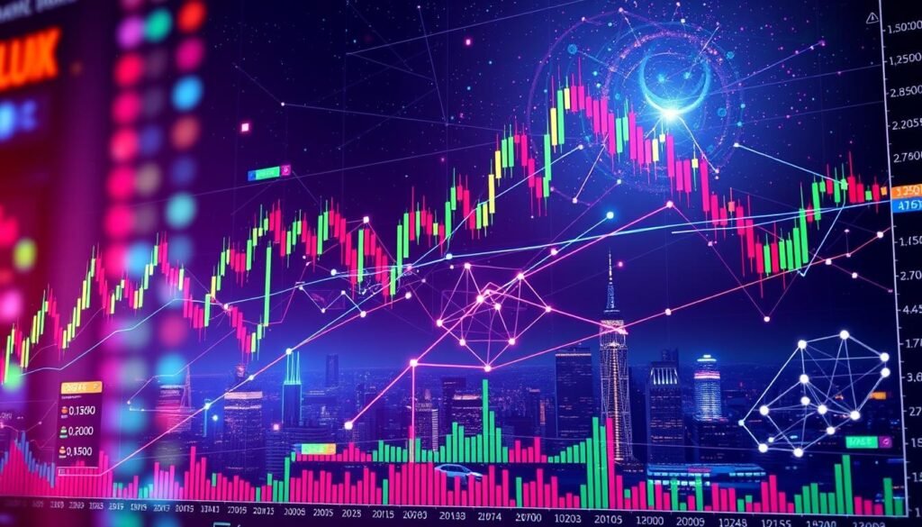A dynamic, data-driven analysis of a volatile cryptocurrency market, showcasing a complex chart with candlestick patterns, technical indicators, and market trends. The foreground features a colorful, digital display of price movements, volume, and other key metrics. In the middle ground, a network of interconnected nodes and lines represents the intricate web of market dynamics. The background subtly blends a futuristic cityscape with a starry night sky, evoking a sense of the ever-evolving, technologically-driven world of cryptocurrency trading. Dramatic lighting, sharp angles, and a moody, neon-tinged color palette convey the intensity and uncertainty of navigating the volatile crypto landscape.