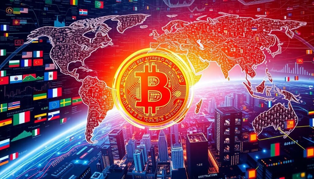 A dynamic, global financial landscape with Bitcoin at the center, surrounded by a network of interconnected digital devices, servers, and data streams. In the foreground, a stylized Bitcoin symbol glows with an ethereal light, casting its influence across the world. The middle ground depicts a mosaic of national flags, economic indicators, and futuristic cityscapes, representing the integration of Bitcoin into the global economy. The background is a vibrant, data-rich tapestry of lines, graphs, and algorithms, symbolizing the complex, decentralized infrastructure that supports the Bitcoin ecosystem. The overall composition conveys a sense of innovation, interconnectivity, and the transformative power of this revolutionary digital currency.
