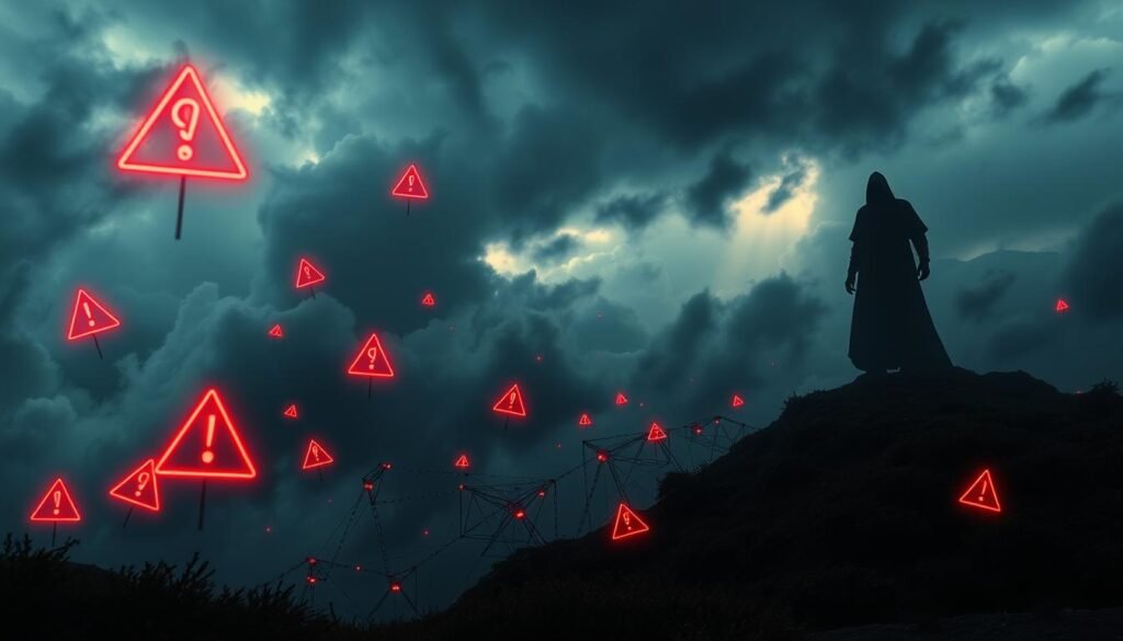 A foreboding landscape of dark clouds and ominous symbols, a digital warning system for the cryptoasset realm. In the foreground, glowing red alert icons and danger signs float ominously, casting an eerie glow. The middle ground features a tangled web of interconnected digital nodes and networks, hinting at the complex web of cryptocurrency scams. In the distance, a looming shadowy figure - the embodiment of crypto fraud - lurks, casting an ominous presence. Dramatic lighting casts dramatic shadows, creating a sense of unease and impending danger. A moody, cinematic scene captured through a wide-angle lens, evoking the high-stakes, high-risk world of cryptocurrency investments.