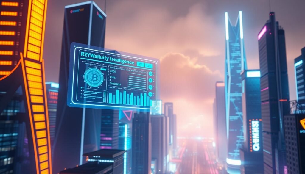 A futuristic cityscape illuminated by the glow of holographic displays, showcasing the interplay between cryptocurrency and artificial intelligence. In the foreground, a digital wallet interface hovers, highlighting the opportunities and risks associated with this emerging technological convergence. The middle ground features towering skyscrapers adorned with sleek, minimalist designs, hinting at the advanced infrastructure required to support these innovations. The background is shrouded in a hazy, neon-tinged atmosphere, evoking the sense of an ever-evolving, data-driven landscape. Lighting is dramatic, with sharp contrasts and deep shadows, emphasizing the dynamic and potentially disruptive nature of the subject matter. The overall composition conveys a sense of both excitement and unease, inviting the viewer to contemplate the complex interplay between these transformative technologies.