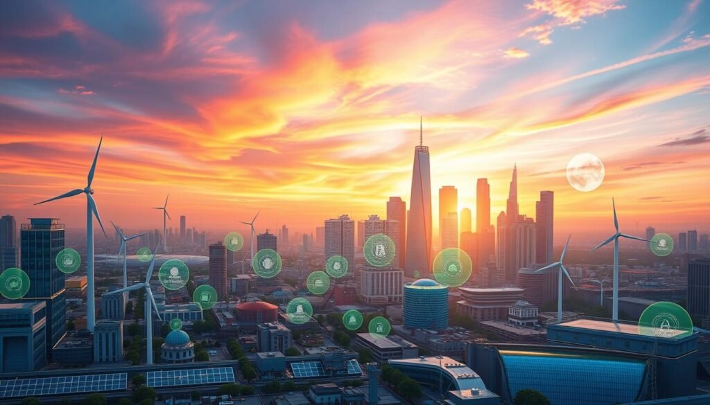 A futuristic cityscape set against a vibrant, sunset sky. In the foreground, a network of interconnected renewable energy sources - solar panels, wind turbines, and hydroelectric dams - power a bustling metropolis. Amidst the urban landscape, holographic displays showcase the latest cryptocurrency mining rigs, their algorithms harnessing the abundant clean energy to process complex blockchain transactions. In the middle ground, skyscrapers with integrated energy storage systems and smart grids create a seamless, sustainable infrastructure. The background fades into a horizon of emerging green technologies, hinting at the boundless possibilities of a harmonious energy transition powered by the innovation of the crypto ecosystem.