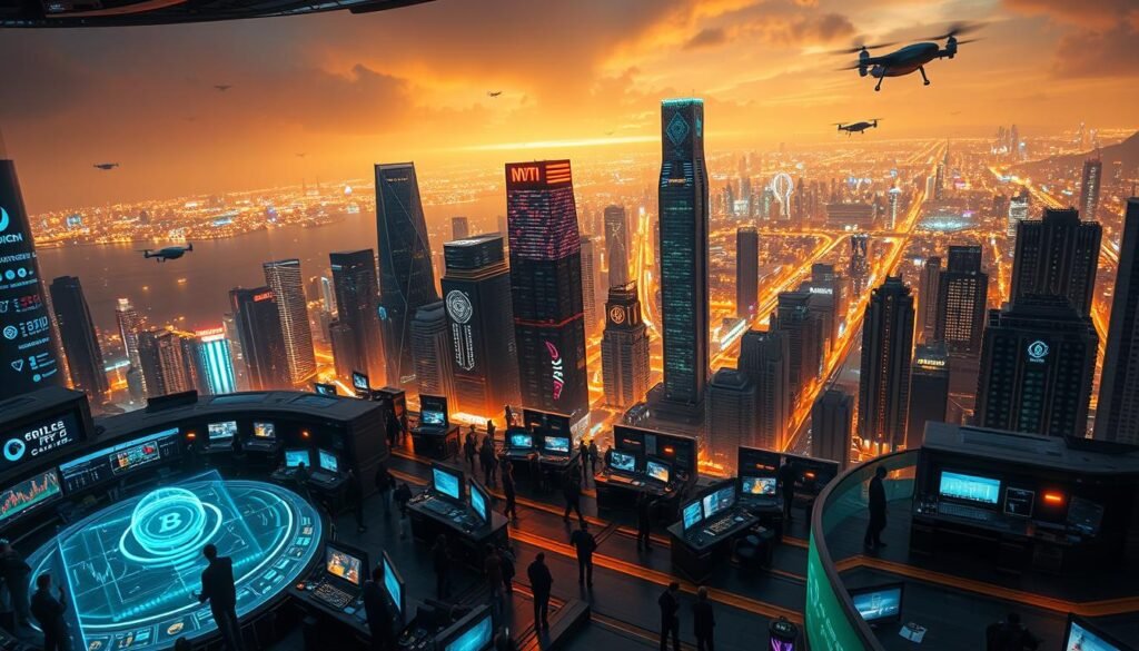 A futuristic cityscape with a bustling cryptocurrency trading floor in the foreground, filled with holographic displays, digital interfaces, and a diverse crowd of traders. In the middle ground, towering skyscrapers with sleek, modern architecture and glowing neon signage showcase the thriving crypto economy. The background features a panoramic view of a sprawling metropolis, with flying vehicles, AI-powered drones, and a vibrant, neon-lit skyline, all bathed in a warm, golden light that creates a sense of optimism and progress. The scene conveys the rapid evolution and widespread adoption of cryptocurrency in the year 2025.