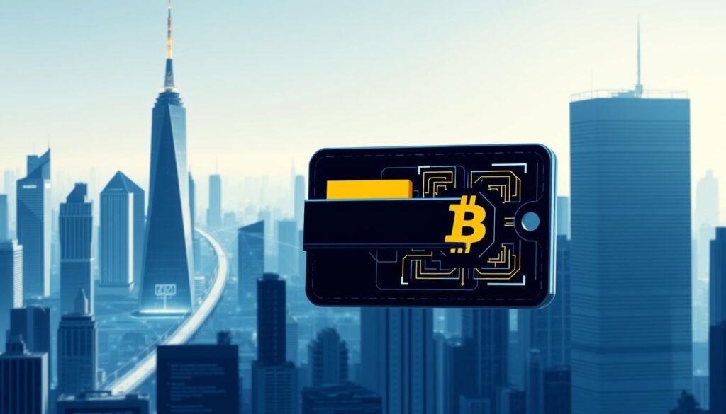 A futuristic cityscape with a towering blockchain network in the background, symbolizing the decentralized power of Bitcoin. In the foreground, a digital wallet interface hovers, showcasing the secure transaction process. Crisp, clean lines and a cool color palette convey the cutting-edge technology of cryptocurrency. Dramatic lighting casts long shadows, creating a sense of depth and emphasizing the digital realm. The overall composition aims to capture the innovation and potential of Bitcoin, aligning with the section's focus on understanding its unique features.