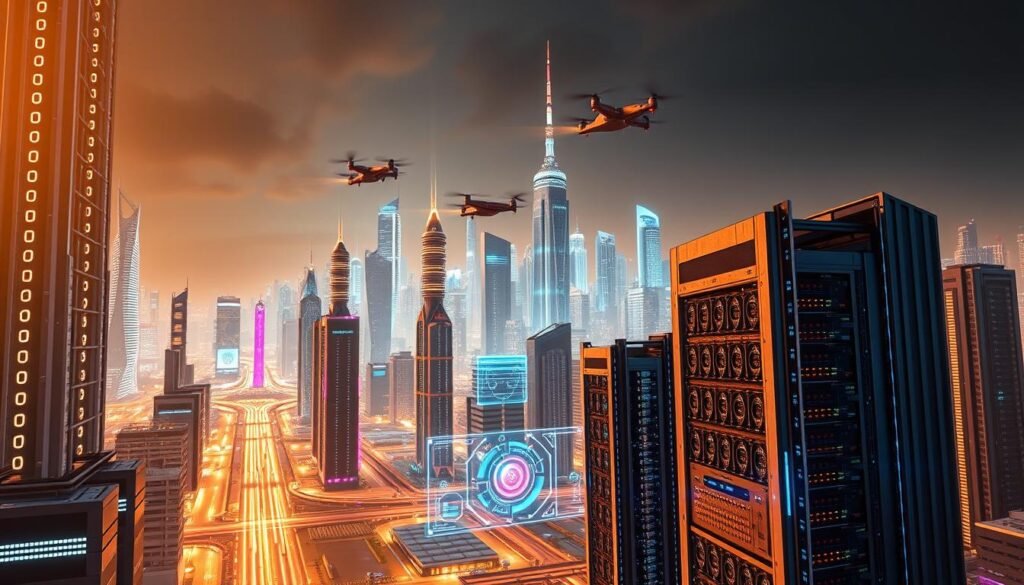 A futuristic cityscape with towering skyscrapers and advanced technological infrastructure. In the foreground, a sleek, modular data center hums with activity, its servers processing complex blockchain transactions. In the middle ground, holographic displays and AI-powered interfaces illustrate the latest developments in Solana's technology roadmap. The background is a vibrant, neon-lit skyline, with flying vehicles and drones zipping between the gleaming towers. The scene is bathed in a warm, golden light, conveying a sense of progress and innovation. The overall mood is one of awe and wonder at the rapid technological evolution of the Solana ecosystem.