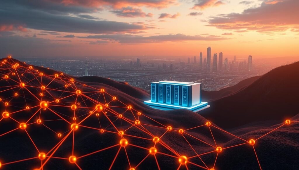 A futuristic landscape depicting the impact of blockchain technology on digital security. In the foreground, a complex 3D network of interconnected nodes and chains, glowing with a warm, amber hue, representing the blockchain infrastructure. In the middle ground, a sleek, minimalist data center with servers and storage towers, bathed in a cool, blue-tinted lighting, symbolizing the secure data management enabled by blockchain. In the distant background, a panoramic view of a modern city skyline, hinting at the broader integration of blockchain technology into various sectors. The overall scene conveys a sense of technological advancement, enhanced security, and the transformative potential of blockchain in safeguarding digital assets and information. A futuristic landscape depicting the impact of blockchain technology on digital security. In the foreground, a complex 3D network of interconnected nodes and chains, glowing with a warm, amber hue, representing the blockchain infrastructure. In the middle ground, a sleek, minimalist data center with servers and storage towers, bathed in a cool, blue-tinted lighting, symbolizing the secure data management enabled by blockchain. In the distant background, a panoramic view of a modern city skyline, hinting at the broader integration of blockchain technology into various sectors. The overall scene conveys a sense of technological advancement, enhanced security, and the transformative potential of blockchain in safeguarding digital assets and information.