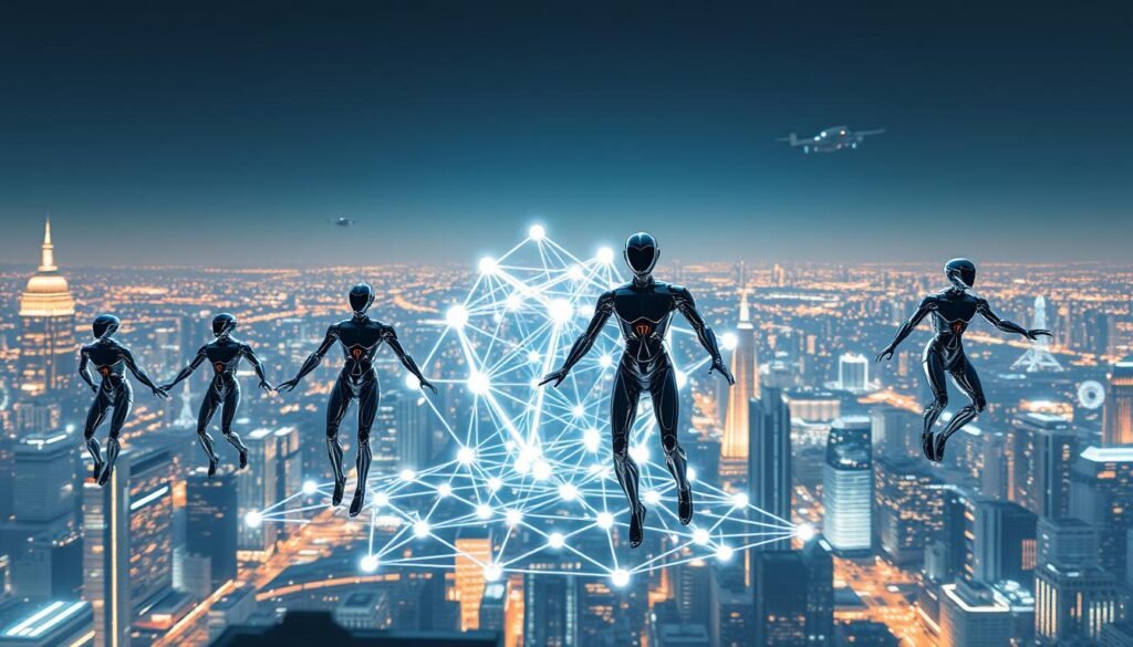 A futuristic scene depicting autonomous software agents from Fetch.ai, a leading artificial intelligence and blockchain project. In the foreground, several sleek, humanoid figures made of shimmering chrome and glass float effortlessly, their movements precise and graceful. Behind them, a complex, three-dimensional network of glowing nodes and interconnecting lines fills the middle ground, representing the decentralized data ecosystem of Fetch.ai. In the distant background, a panoramic cityscape of gleaming skyscrapers and flying vehicles stretches out, hinting at the vast potential of this cutting-edge technology. The lighting is crisp and directional, casting dramatic shadows and highlights that accentuate the angular, high-tech aesthetic. The overall mood is one of innovation, efficiency, and a glimpse into a future where autonomous agents seamlessly integrate with our urban environments.