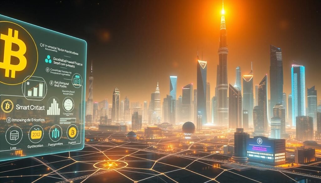 A futuristic scene depicting the innovations and projects that have emerged from the Bitcoin ecosystem. In the foreground, a sleek, holographic display showcases various Bitcoin-powered applications, from decentralized finance to smart contracts. The middle ground features a network of interconnected nodes, representing the distributed nature of the Bitcoin blockchain. In the background, a cityscape of towering skyscrapers and advanced infrastructure, all powered by innovative Bitcoin technologies. The scene is bathed in a warm, ethereal glow, conveying a sense of progress and boundless potential. The overall atmosphere is one of technological sophistication and the transformative impact of Bitcoin on the modern world.