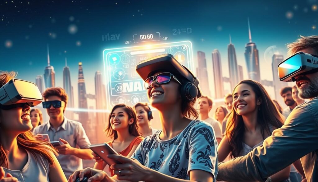 A futuristic, vibrant landscape showcasing the concept of play-to-earn. In the foreground, a group of diverse characters immersed in a captivating virtual reality game, their expressions filled with excitement and engagement. The middle ground features a gleaming, holographic interface displaying various in-game assets and currencies, highlighting the financial rewards of gameplay. In the background, a cityscape of towering skyscrapers and advanced technology creates a dynamic, tech-driven atmosphere. Soft, warm lighting bathes the scene, conveying a sense of opportunity and innovation. The composition emphasizes the integration of gaming, blockchain, and cryptocurrency, capturing the essence of the play-to-earn concept.