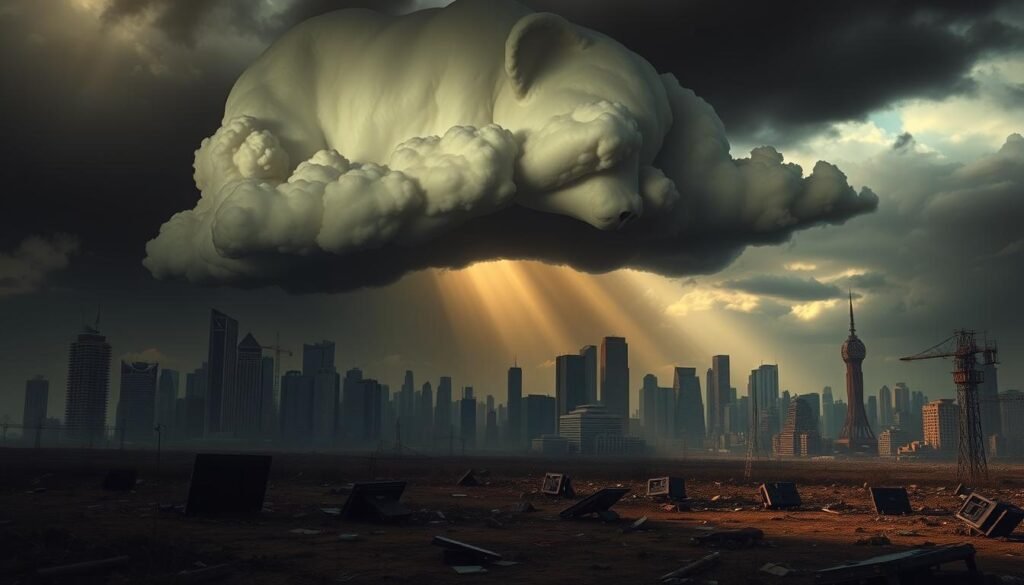 A gloomy, bear-shaped storm cloud looms over a once-thriving crypto market landscape. The horizon is dotted with abandoned skyscrapers and crumbling infrastructure, hinting at the devastating impact of the bear market. The ground is littered with broken trading terminals and discarded digital wallets, a stark contrast to the vibrant scene that once existed. The lighting is dim and moody, casting long shadows that symbolize the uncertainty and despair felt by investors. The overall atmosphere is one of melancholy and loss, a cautionary tale of the dangers of unrestrained speculation in the volatile world of cryptocurrency.
