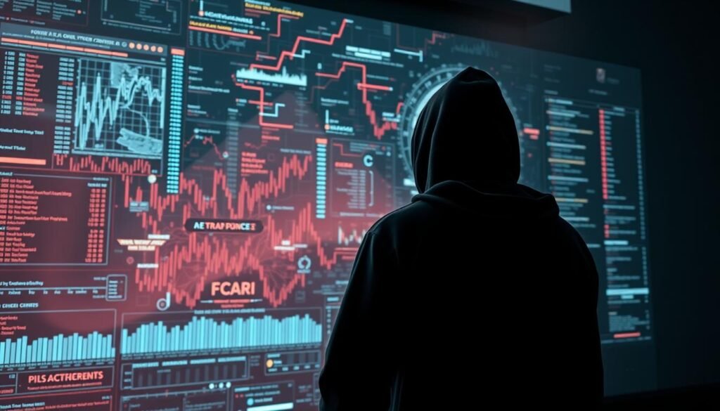 A high-contrast, cinematic composition depicting the complex process of cryptocurrency money laundering. In the foreground, an anonymous figure in a dark hoodie stands before a series of holographic displays, manipulating an intricate web of digital transactions. The middle ground features a jumble of fragmented financial data, blockchain ledgers, and cryptic code cascading across multiple screens. The background is shrouded in an ominous, neon-tinged haze, suggesting the shadowy, illicit nature of the activities. The lighting is dramatic, with sharp contrasts and deep shadows, creating a sense of unease and mystery. The overall mood is one of technological sophistication and criminal intent, capturing the essence of the "financial consequences and technical aspects of money laundering" as described in the section title.