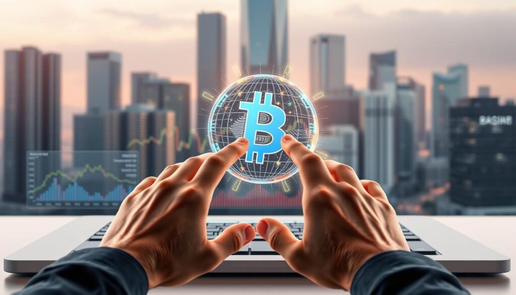 A high-quality, 3D-rendered illustration of a person's hands interacting with a digital interface to buy Bitcoin. The foreground shows the person's hands gesturing on a sleek, minimalist cryptocurrency trading platform, with a clean user interface featuring charts, graphs, and buttons. The middle ground depicts a dynamic visualization of Bitcoin's price fluctuations, represented by a holographic sphere pulsing with colorful data visualizations. The background features a modern, urban cityscape with gleaming skyscrapers, suggesting the integration of digital finance into the modern world. The scene is illuminated by soft, warm lighting, creating a sense of professionalism and technological sophistication.