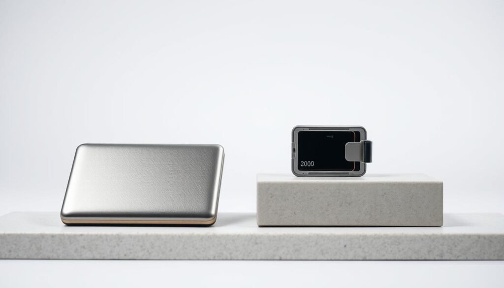 A high-quality, detailed comparison of a hot wallet and a cold wallet, captured in a realistic, well-lit studio setting. The hot wallet, a sleek, modern device, is positioned prominently in the foreground, its shiny metal casing reflecting the studio lights. In the middle ground, the cold wallet, a compact hardware device, sits atop a minimalist, textured surface, conveying a sense of security and protection. The background is a clean, neutral backdrop, allowing the contrast between the two wallets to be the focal point. The image is shot from a slightly elevated angle, creating a sense of depth and emphasizing the differences in size, design, and purpose between the hot and cold wallets.