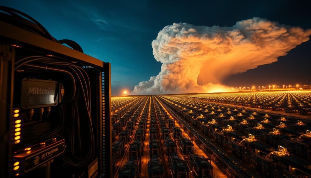 A high-quality, detailed image depicting the carbon footprint of Bitcoin mining. The foreground shows a close-up view of a Bitcoin mining rig, its intricate components and cooling systems, casting an ominous glow. The middle ground features a sprawling mining farm, with rows of identical rigs illuminating the night sky. In the background, a towering cloud of carbon emissions billows upwards, symbolizing the immense energy consumption and environmental impact of the Bitcoin mining process. The lighting is dramatic, with dramatic shadows and highlights accentuating the mechanical complexity and industrial scale of the scene. The overall mood is one of concern and urgency, drawing attention to the pressing ecological issues surrounding the Bitcoin network.