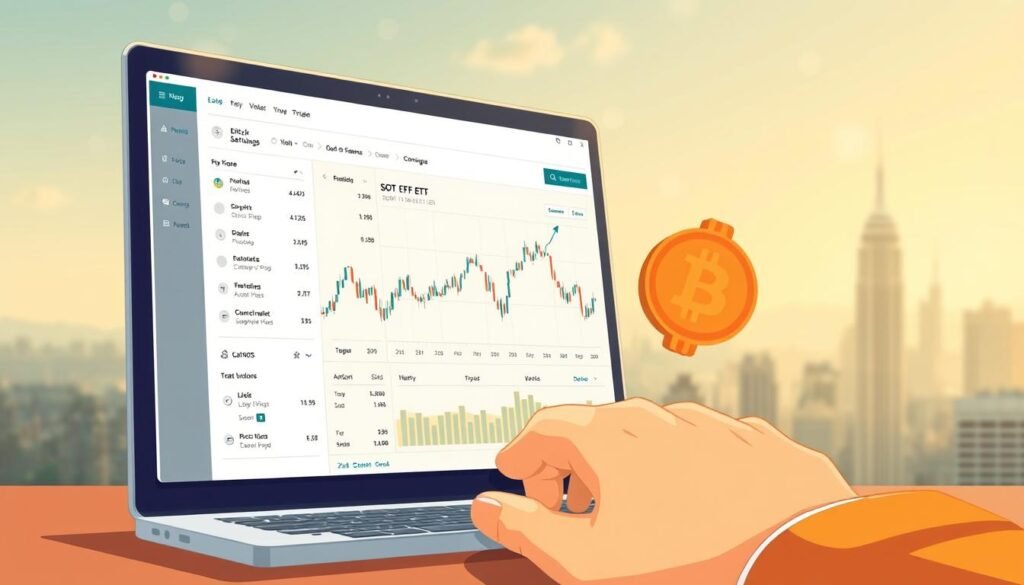 A high-resolution, detailed illustration depicting the process of purchasing a Bitcoin spot ETF. In the foreground, a person's hand interacts with a sleek, minimalist online trading platform, navigating the menus and settings to execute the ETF purchase. The middle ground showcases a simplified chart or graph visualizing the Bitcoin price movement and performance. The background features a soft, blurred cityscape with skyscrapers, suggesting the global financial landscape. Warm lighting and a clean, modern aesthetic create a professional, authoritative tone fitting the subject matter.