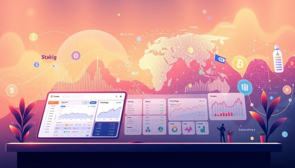 A high-resolution, digital illustration depicting the key features and functionalities of a leading cryptocurrency platform. The foreground showcases a sleek, modern dashboard interface with intuitive trading tools, portfolio management, and digital wallet options. The middle ground highlights various crypto-related services such as staking, lending, and yield farming. The background features a vibrant, abstract representation of the platform's interconnected ecosystem, including blockchain technology, decentralized applications, and global market data. The scene is bathed in a warm, futuristic lighting, conveying a sense of sophistication, efficiency, and innovation within the dynamic world of digital finance.