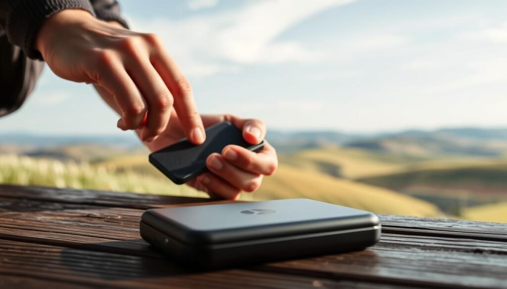 A high-resolution image depicting the best practices for securing cryptocurrency wallets. In the foreground, a sleek cold storage hardware wallet rests on a wooden surface, its matte black finish and minimalist design conveying a sense of robust security. In the middle ground, a user's hands carefully interact with the device, navigating its interface with precision. In the background, a serene landscape of rolling hills and a clear sky provide a calming, contemplative atmosphere. The lighting is soft and natural, highlighting the wallet's clean lines and the user's focused attention. The overall scene communicates the importance of proper wallet management and the peace of mind that comes with employing secure measures to protect one's digital assets.