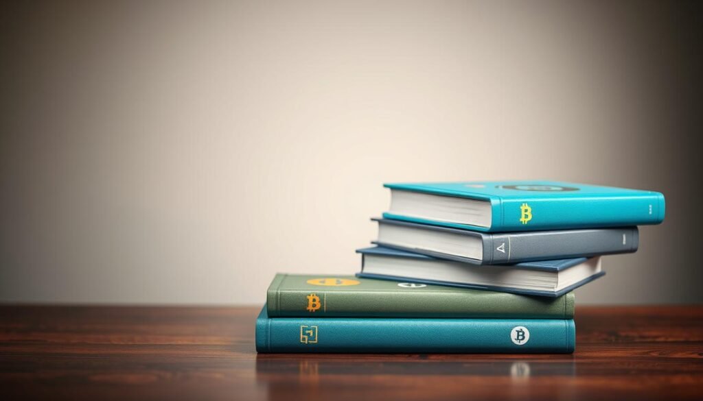 A high-resolution, photorealistic image of a stack of hardcover books on a wooden table. The books have glossy covers in various shades of blue, green, and gray, depicting different cryptocurrency symbols and icons. The table is made of polished dark wood, and the lighting is soft and diffused, creating a warm, inviting atmosphere. The background is slightly blurred, with a subtle gradient from light to dark, drawing the viewer's attention to the books. The overall composition is balanced and visually appealing, conveying a sense of education, knowledge, and the depth of the cryptocurrency lexicon.
