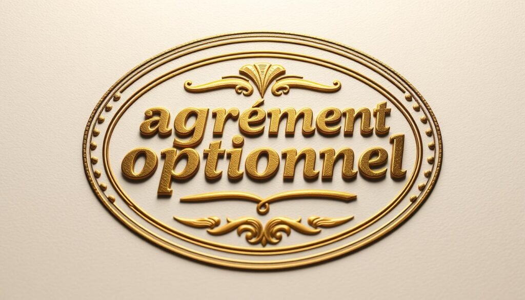 A high-resolution, photorealistic image of an official government stamp or seal depicting the phrase "agrément optionnel" in ornate, calligraphic French text. The stamp should be rendered against a clean, neutral background, with subtle lighting and shadows to convey a sense of depth and three-dimensionality. The stamp should appear to be made of a high-quality, glossy material like gold or silver foil, with intricate details and flourishes. The overall composition should have a formal, authoritative, and official aesthetic, reflecting the significance of the "agrément optionnel" certification. A high-resolution, photorealistic image of an official government stamp or seal depicting the phrase "agrément optionnel" in ornate, calligraphic French text. The stamp should be rendered against a clean, neutral background, with subtle lighting and shadows to convey a sense of depth and three-dimensionality. The stamp should appear to be made of a high-quality, glossy material like gold or silver foil, with intricate details and flourishes. The overall composition should have a formal, authoritative, and official aesthetic, reflecting the significance of the "agrément optionnel" certification.