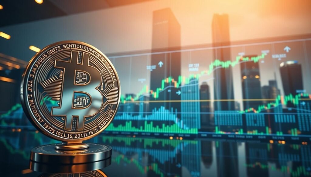 A high-resolution, wide-angle photograph of the recent trends in the Bitcoin market. The foreground features a sleek, silver Bitcoin symbol, its surface reflecting the bright lights of a bustling trading floor. The middle ground is a dynamic visualization of price charts, candlestick patterns, and technical indicators, rendered in shades of blue and green. In the background, a towering skyscraper skyline represents the global financial centers where Bitcoin trading is centered. The scene is bathed in a warm, golden light, conveying a sense of optimism and growth within the cryptocurrency ecosystem. The overall composition is clean, modern, and visually striking, capturing the essence of the recent market movements.