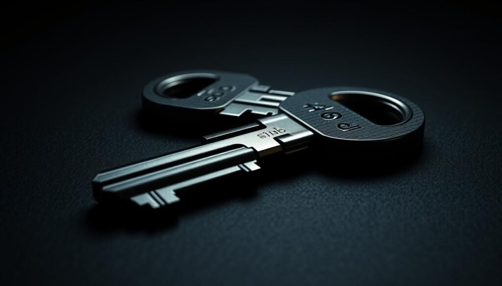A highly detailed, close-up view of a set of private blockchain keys presented on a dark, minimalist background. The keys are shown in a meticulously rendered, almost tactile manner, capturing the intricate grooves, metallurgic textures, and subtle reflections. The lighting is dramatic, casting dramatic shadows and highlights to emphasize the keys' physicality and importance. The overall mood is one of precision, security, and the gravity of properly safeguarding these crucial digital assets. The composition draws the viewer's full attention to the private keys, presenting them as the central focus and physical embodiment of cryptocurrency ownership and control.
