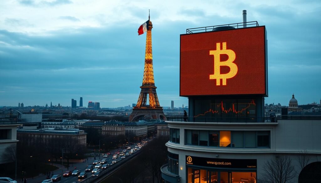 A majestic skyline of Paris, the Eiffel Tower standing tall, with the French flag fluttering in the crisp, evening breeze. In the foreground, a bustling city street, cars and pedestrians weaving through the vibrant urban landscape. Atop a building, a large digital screen displays the ever-fluctuating Bitcoin exchange rate, casting a warm, amber glow over the scene. The mood is one of financial innovation, with a sense of economic dynamism and technological progress. The image captures the essence of Bitcoin's growing influence in the French economic context, a fusion of tradition and technological disruption.