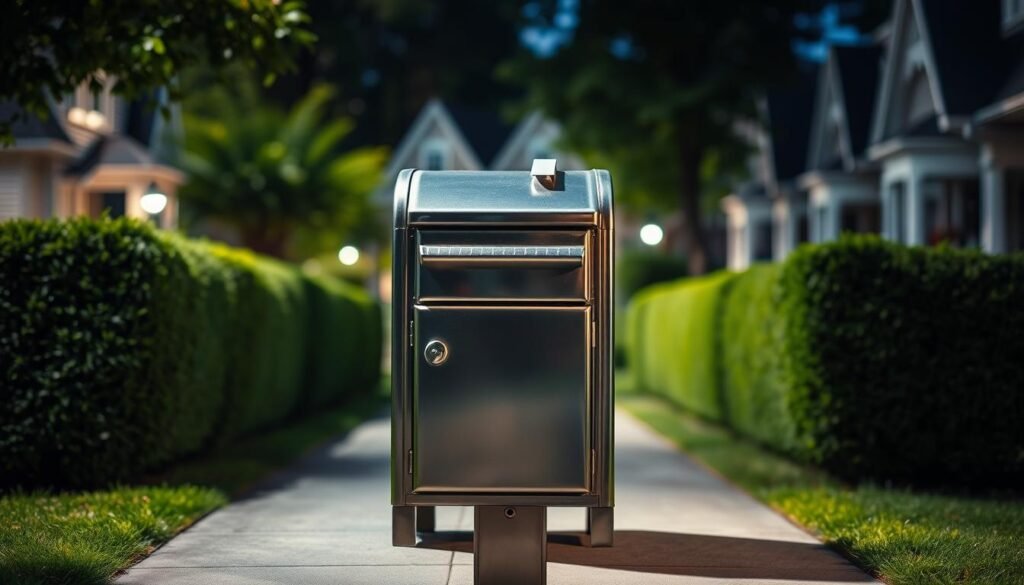 A metal mailbox situated in a well-lit, suburban setting. The box is shiny and polished, with a sturdy, rectangular design that evokes a sense of security and reliability. The mailbox is positioned at the end of a walkway, framed by neatly trimmed hedges and a lush, green lawn. Soft, diffused lighting bathes the scene, creating a warm and inviting atmosphere. In the background, a picturesque row of houses with uniform, well-maintained facades suggests a sense of community and order. The overall composition conveys the idea of a public, accessible space that serves as a conduit for private communication and exchange.