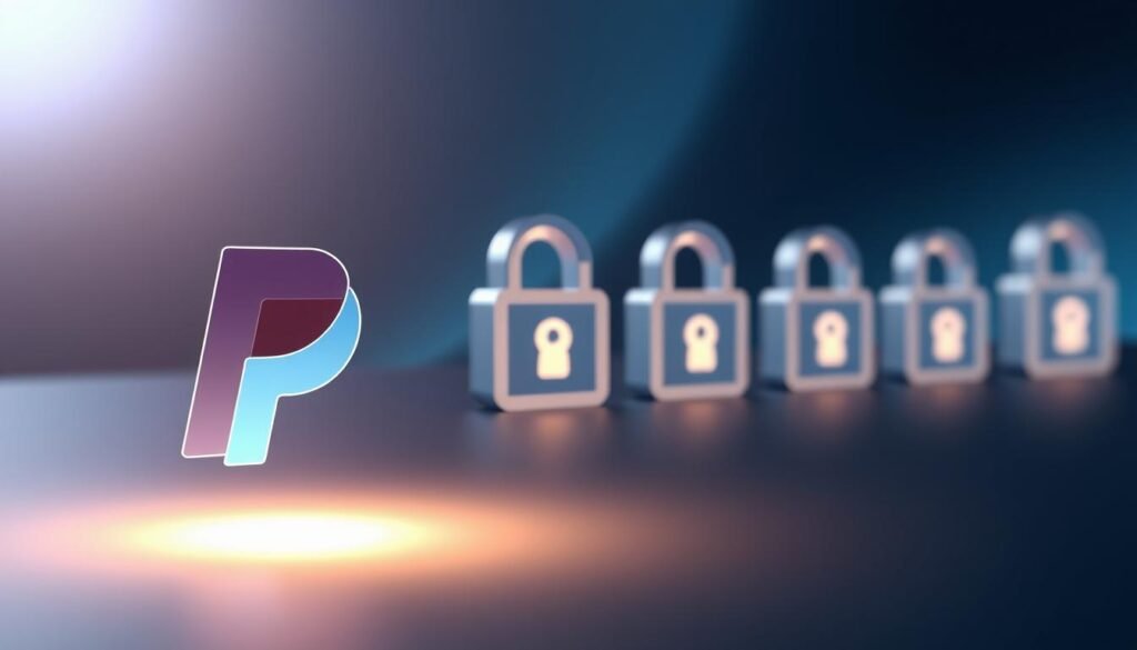 A modern, digital illustration of the PayPal payment security concept. In the foreground, a clean, minimalist PayPal logo glows with a subtle metallic sheen, symbolizing the platform's reliability and trustworthiness. The middle ground features a series of locked padlocks, each one casting a soft, warm light, conveying the secure nature of transactions. In the background, a gradient of blues and grays creates a sense of depth and technological sophistication. The overall mood is one of confidence, safety, and the seamless integration of finance and technology.