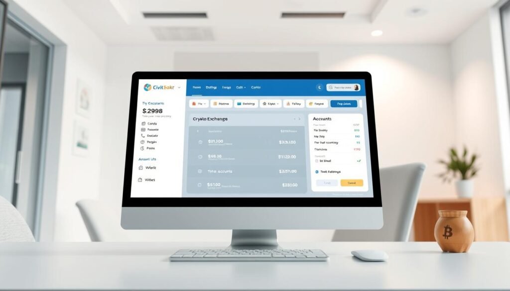 A modern, minimalistic banking platform interface with a sleek crypto exchange section. The foreground features a desktop computer or tablet display showing an account dashboard with account balance, transaction history, and options to link and verify a bank account. The middle ground depicts finance-related icons, graphs, and illustrations. The background is a clean, professional office setting with neutral tones, providing a sense of security and trust. Lighting is soft and diffused, creating a calming atmosphere. The overall composition conveys the seamless integration of traditional banking and cutting-edge cryptocurrency management.