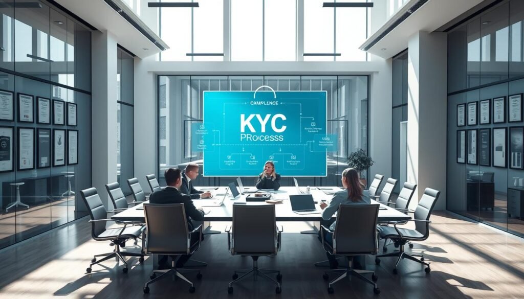 A modern office interior with a large conference table surrounded by sleek, minimalist chairs. The table is covered with various documents, laptops, and a holographic display showcasing a KYC process flow diagram. The walls are adorned with framed certificates and awards, conveying a sense of professionalism and compliance. Abundant natural light streams in through floor-to-ceiling windows, creating a bright and airy atmosphere. In the foreground, a team of business executives are engaged in a meeting, discussing the integration of KYC processes into their enterprise operations. The overall scene exudes a mood of collaboration, innovation, and regulatory adherence.