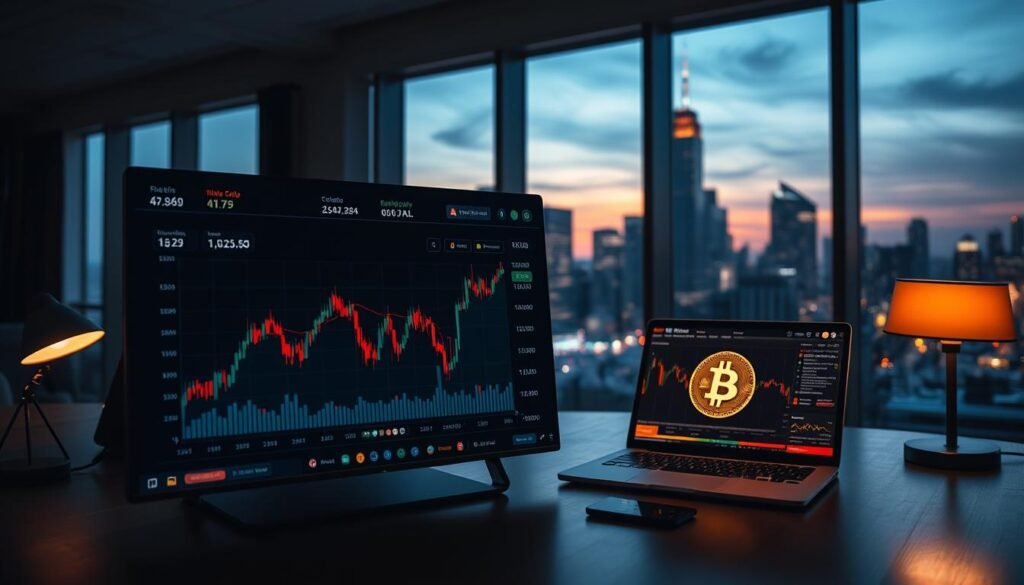 A modern, sleek financial dashboard depicting the Bitcoin market trends. Set in a dimly lit office environment, the foreground features a large, high-resolution chart displaying the fluctuating Bitcoin price over time, with overlaid technical indicators and analysis. In the middle ground, a laptop and a smartphone display additional market data and news updates. The background showcases floor-to-ceiling windows overlooking a bustling city skyline at dusk, conveying a sense of professionalism and global connectivity. The scene is lit by a combination of warm desk lamps and cool, natural lighting, creating a balanced, contemplative atmosphere for the investor to make informed decisions.