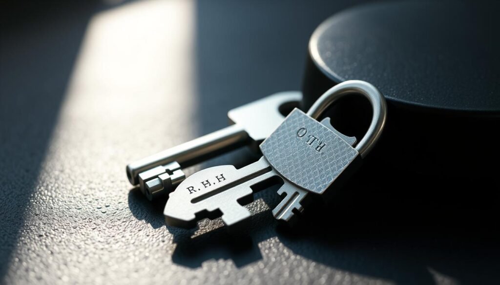 A pair of sturdy, metallic cryptographic keys resting on a dark, textured surface, illuminated by soft, directional lighting that casts subtle shadows, conveying a sense of importance and security. The keys, one larger and one smaller, appear polished and intricate, hinting at the complex mathematical algorithms they represent. The background is blurred, keeping the focus on the keys as the central visual elements, symbolizing the fundamental role they play in safeguarding digital assets.