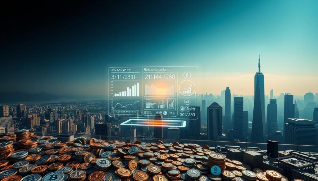 A panoramic view of a financial trading platform, with a central focus on risk management strategies for cryptocurrency investments. The foreground features an array of digital currency icons and symbols, conveying the complexity and volatility of the crypto market. In the middle ground, a holographic display showcases real-time data analytics and risk assessment tools, empowering the user to make informed decisions. The background depicts a sleek, futuristic cityscape, hinting at the integration of blockchain technology into the modern financial landscape. Dramatic lighting casts long shadows, creating a sense of gravity and the need for careful risk evaluation. The overall atmosphere is one of technological sophistication, financial responsibility, and a balanced approach to cryptocurrency investing.