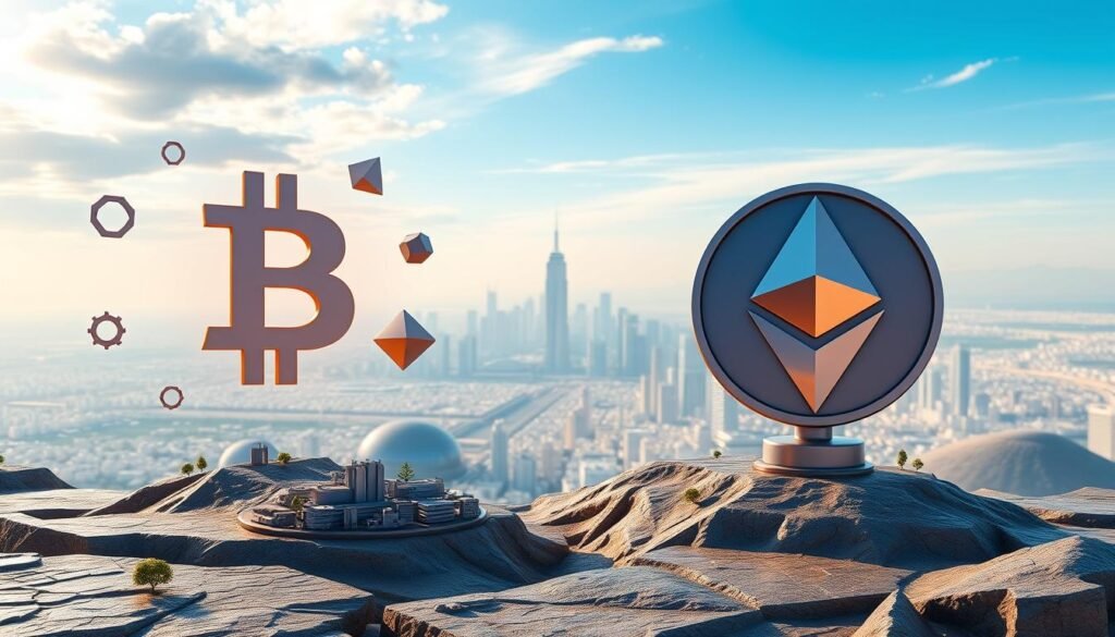 A panoramic view of two conceptual landscapes, one for Bitcoin and one for Ethereum, set against a breathtaking futuristic skyline. In the foreground, abstract geometric shapes and symbols representing the core principles of each cryptocurrency float in the air, illuminated by a soft, warm glow. The middle ground features miniature 3D models of the Bitcoin and Ethereum networks, complete with nodes, transactions, and other technical details. In the background, a gleaming, high-tech metropolis stretches out, hinting at the real-world applications and global impact of these revolutionary blockchain technologies. The overall mood is one of innovation, progress, and a sense of the awe-inspiring potential of these innovative digital assets. A panoramic view of two conceptual landscapes, one for Bitcoin and one for Ethereum, set against a breathtaking futuristic skyline. In the foreground, abstract geometric shapes and symbols representing the core principles of each cryptocurrency float in the air, illuminated by a soft, warm glow. The middle ground features miniature 3D models of the Bitcoin and Ethereum networks, complete with nodes, transactions, and other technical details. In the background, a gleaming, high-tech metropolis stretches out, hinting at the real-world applications and global impact of these revolutionary blockchain technologies. The overall mood is one of innovation, progress, and a sense of the awe-inspiring potential of these innovative digital assets.