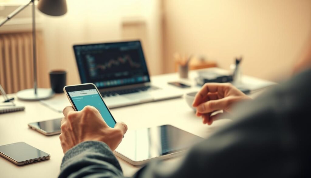 A practical guide to cryptocurrency withdrawal, shot in a clean, minimalist style. In the foreground, a person's hands carefully navigating a sleek digital interface, withdrawing funds from a cryptocurrency wallet. The middle ground features a modern, well-lit desk setup with a laptop, mobile device, and other office supplies, conveying an organized, professional atmosphere. The background is a softly blurred, neutral-toned environment, allowing the main subject to be the focus. Warm, natural lighting casts a subtle glow, creating a sense of comfort and approachability around the withdrawal process. The overall scene communicates a straightforward, step-by-step guide to the practical realities of converting digital assets into traditional currency.