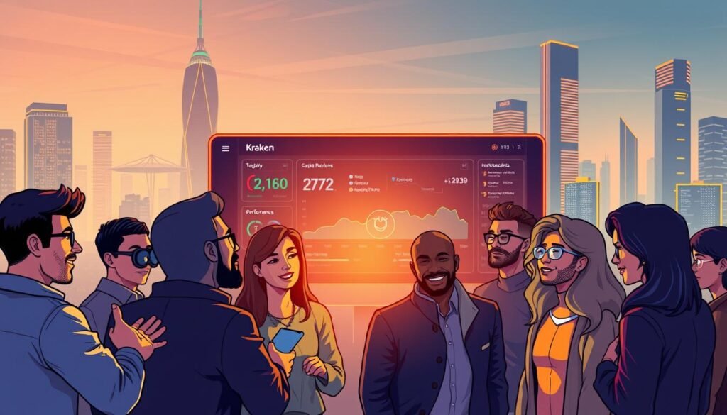 A professional digital illustration showcasing user reviews for the Kraken cryptocurrency exchange. In the foreground, a group of diverse individuals enthusiastically sharing their positive experiences using the platform, with expressive body language and gestures. In the middle ground, a polished, modern user interface displaying detailed analytics and performance metrics. In the background, a sleek, futuristic cityscape with towering skyscrapers and glowing neon accents, symbolizing the cutting-edge nature of the Kraken exchange. The scene is bathed in a warm, vibrant color palette, creating an atmosphere of trust, reliability, and innovation. Lit by soft, directional lighting that highlights the key elements and casts dramatic shadows, the image conveys a sense of professionalism and authority.