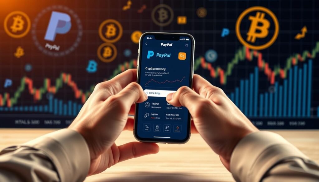 A professional-looking photograph of a person's hands using a smartphone to access a cryptocurrency trading platform on the PayPal app, set against a backdrop of virtual currency symbols and graphs. The image should have a sleek, modern aesthetic with clean lines, warm lighting, and a sense of techno-financial sophistication. The focus should be on the interaction between the user and the app, conveying the ease and convenience of purchasing cryptocurrency through PayPal.