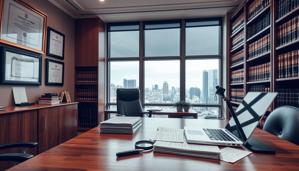A professional, well-lit legal office interior with a large window overlooking a cityscape. In the foreground, a wooden desk with a laptop, a stack of documents, and a magnifying glass. On the walls, framed certificates and diplomas. In the background, bookshelves filled with legal tomes. A sense of expertise, attention to detail, and commitment to providing specialized auditing and legal services. Warm, neutral tones create a soothing, authoritative atmosphere.