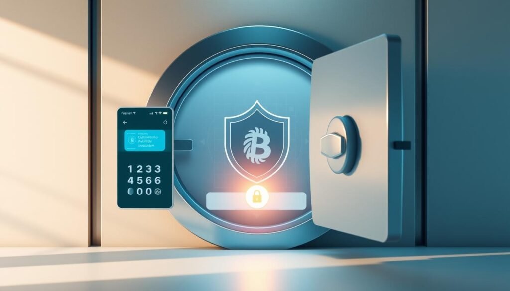A secure crypto account with a sleek, modern interface. Shielded by a sturdy vault-like door, symbolizing the robust security measures in place. The foreground features a digital keypad, fingerprint scanner, and two-factor authentication prompts, hinting at the multilayered protection. The middle ground showcases a stylized cryptocurrency symbol, emphasizing the asset being safeguarded. The background depicts a serene, minimalist environment with neutral tones, creating a sense of trust and reliability. Soft, directional lighting casts subtle shadows, adding depth and dimension to the scene. The overall atmosphere conveys a secure, user-friendly experience for managing one's digital assets.