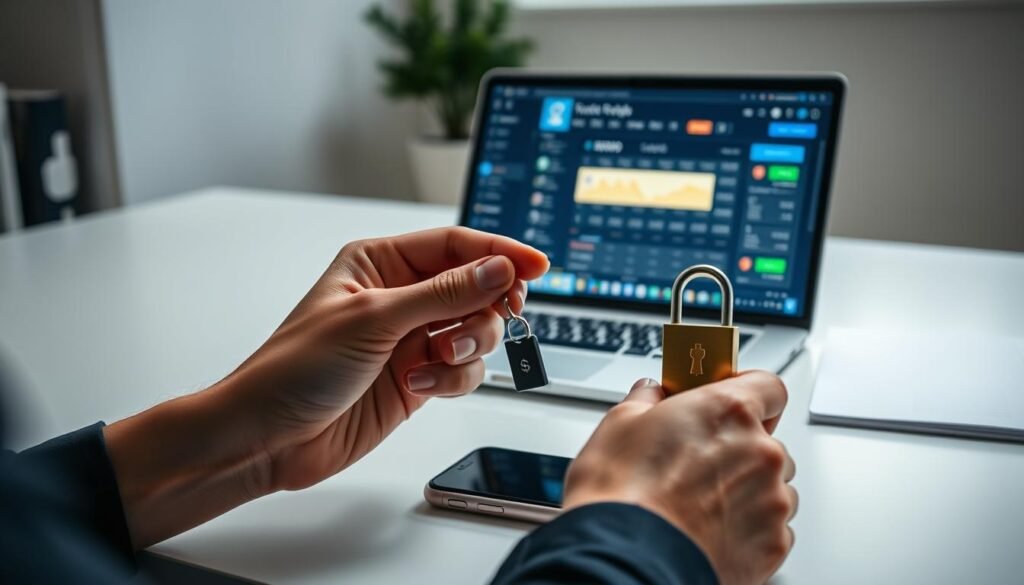 A secure cryptocurrency withdrawal process, featuring a clean desktop setup with a laptop, smartphone, and physical security key. The foreground shows a person's hand carefully handling the security key, while the middle ground displays the laptop screen displaying a crypto exchange dashboard. The background depicts a minimalist, well-lit office environment, evoking a sense of professionalism and attention to detail. The overall mood is one of controlled, methodical, and confidential financial operations, emphasizing the importance of safeguarding digital assets.