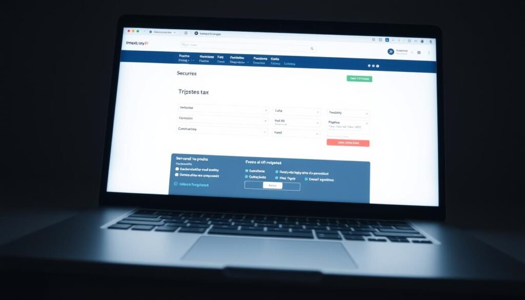 A secure digital workspace on the French government's tax website, impots.gouv.fr. A sleek, minimalist user interface with a clean, modern aesthetic. The screen is bathed in soft, diffused lighting, creating a sense of professionalism and authority. The layout is well-organized, with intuitive navigation options and clear, concise information. The overall mood is one of trust, reliability, and efficiency, reflecting the importance of accurately filing tax returns.