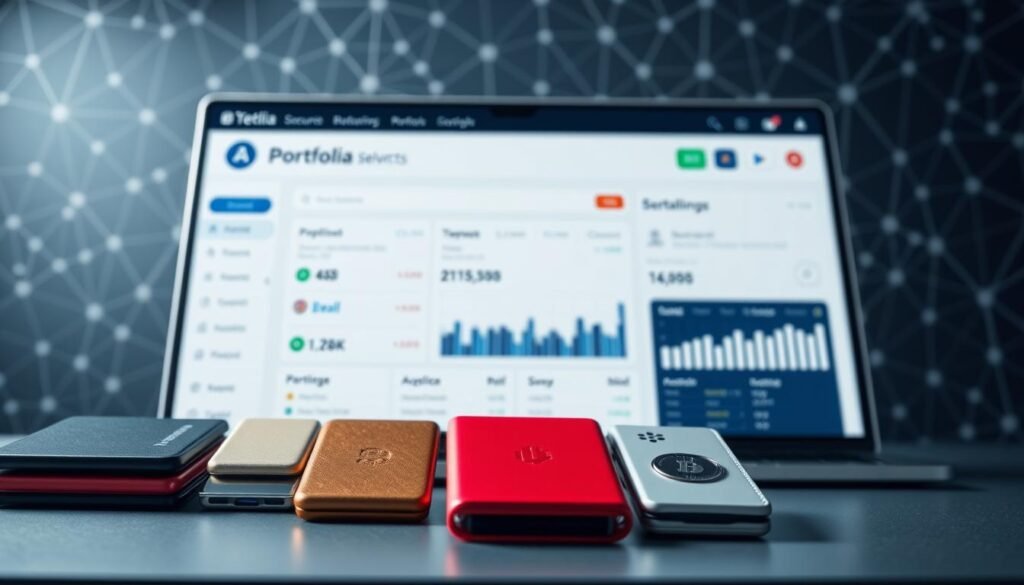 A secure portfolio of digital assets, displayed on a sleek, modern interface. In the foreground, a row of hardware wallets in various colors, representing the secure storage of cryptocurrencies. In the middle ground, a virtual dashboard showcasing portfolio balances, transaction histories, and asset allocation. The background features a subtle pattern of geometric shapes, symbolizing the complex, decentralized nature of the blockchain. Lighting is soft and diffused, creating a sense of professionalism and reliability. The overall mood is one of confidence, control, and the responsible management of digital wealth.