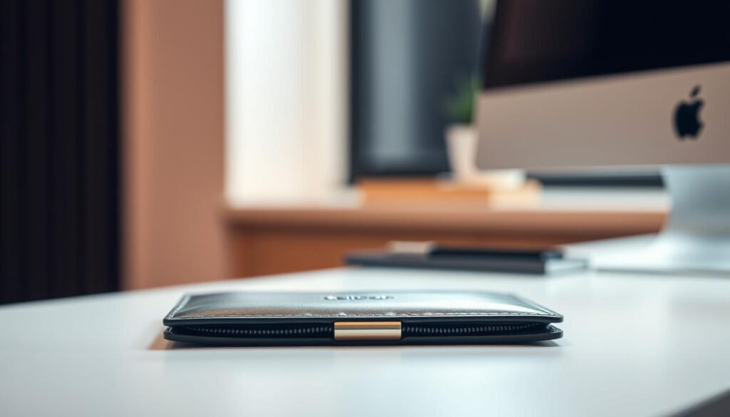 A secure private key wallet resting on a sleek, minimalist desk. The wallet is positioned in the foreground, its polished surface gleaming under soft, diffused lighting. The background is blurred, creating a sense of focus and depth. The composition emphasizes the wallet's importance, conveying a sense of security and protection. The lighting is subtle, with warm undertones that create a calming, professional atmosphere. The angles and perspective showcase the wallet's elegant design, inviting the viewer to consider the importance of properly safeguarding one's private keys.