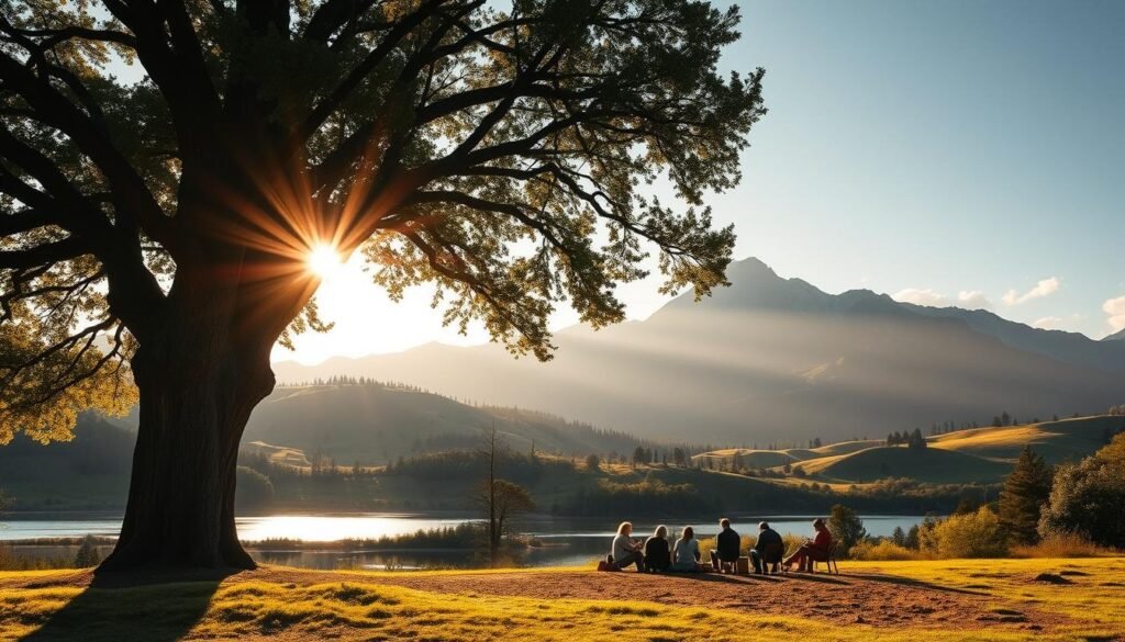 A serene and tranquil landscape with rolling hills, lush greenery, and a peaceful lake reflecting the sky. In the foreground, a sturdy oak tree stands tall, its branches extending outward, creating a sense of shelter and protection. Rays of warm, golden sunlight filter through the leaves, casting a soft, comforting glow over the scene. In the middle ground, a group of people gather around a campfire, discussing strategies and plans to safeguard their financial assets during uncertain times. The atmosphere is one of camaraderie and resilience, with a feeling of safety and security permeating the environment. The background is dominated by a majestic mountain range, its peaks reaching towards the heavens, symbolizing the enduring strength and stability that can be found in nature.