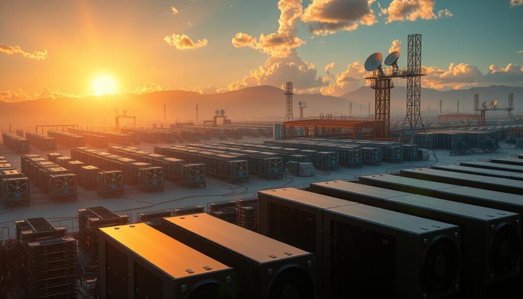 A serene cloud mining landscape, illuminated by warm, golden sunlight. In the foreground, a cluster of sleek, high-performance mining rigs, their fans whirring softly. In the middle ground, towering racks of servers, their LED indicators flickering with activity. In the background, a sprawling array of satellite dishes and cooling towers, all connected by a web of cables and pipes. The overall atmosphere is one of efficiency, technological sophistication, and a sense of the immense computational power harnessed for the mining of cryptocurrencies.