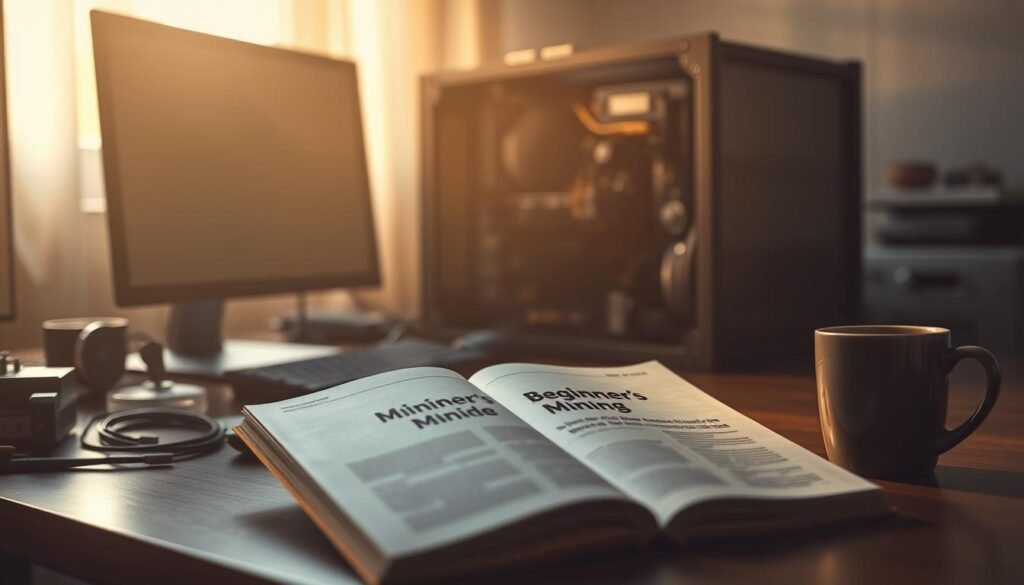 A serene, dimly-lit home office scene, with a desktop computer, mining rig, and various electronic components scattered across the work surface. Diffused natural light filters in through a window, casting warm, golden hues and gentle shadows. In the foreground, a beginner's guide to cryptocurrency mining lies open, alongside a cup of coffee, symbolizing the thoughtful exploration of this new technological frontier. The middle ground features the mining rig, its intricate inner workings visible, conveying the complexity of the process. The background blurs softly, emphasizing the focus on the task at hand. An atmosphere of quiet contemplation and budding enthusiasm permeates the scene, reflecting the challenges and costs facing new crypto miners.