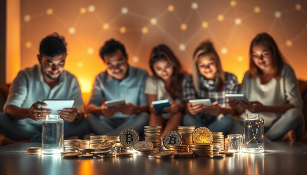 A serene family gathering amidst a digital landscape. In the foreground, a group of loved ones sit together, their faces lit by the soft glow of electronic devices they hold. The middle ground features an array of digital assets - cryptocurrencies, NFTs, and other virtual valuables - symbolizing the wealth being passed down. In the background, a tranquil, abstract representation of the blockchain network underlies it all, suggesting the secure, intergenerational transfer of digital wealth. Warm lighting casts a comforting atmosphere, while a shallow depth of field focuses the viewer's attention on the central family dynamic. An image that captures the essence of optimizing the transmission of digital assets within a family context.