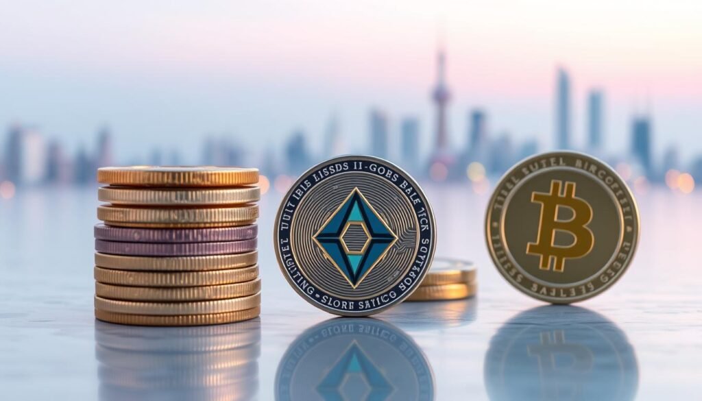 A serene, holistic view of stablecoins in the crypto market. In the foreground, a stack of digital coins emblazoned with the emblems of leading stablecoins like USDC, DAI, and BUSD, conveying their stability and widespread adoption. In the middle ground, a transparent, polygonal lattice structure symbolizes the blockchain technology underpinning stablecoins. The background depicts a peaceful, pastel-tinted cityscape, hinting at the integration of stablecoins into the broader financial ecosystem. Soft, diffused lighting creates a calming, authoritative atmosphere, emphasizing the role of stablecoins as a stabilizing force in the volatile crypto landscape.