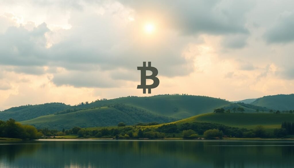 A serene landscape with a towering Bitcoin icon rising like a beacon against a cloudy sky. The foreground features a tranquil lake, its surface reflecting the digital currency's symbol. In the middle ground, rolling hills dotted with lush greenery create a sense of stability and security. Warm, golden light filters through the clouds, casting a protective glow over the scene. The composition conveys the idea of Bitcoin as a safe haven, a digital asset that weathers economic storms. The overall mood is one of stability, resilience, and the promise of a secure financial future.