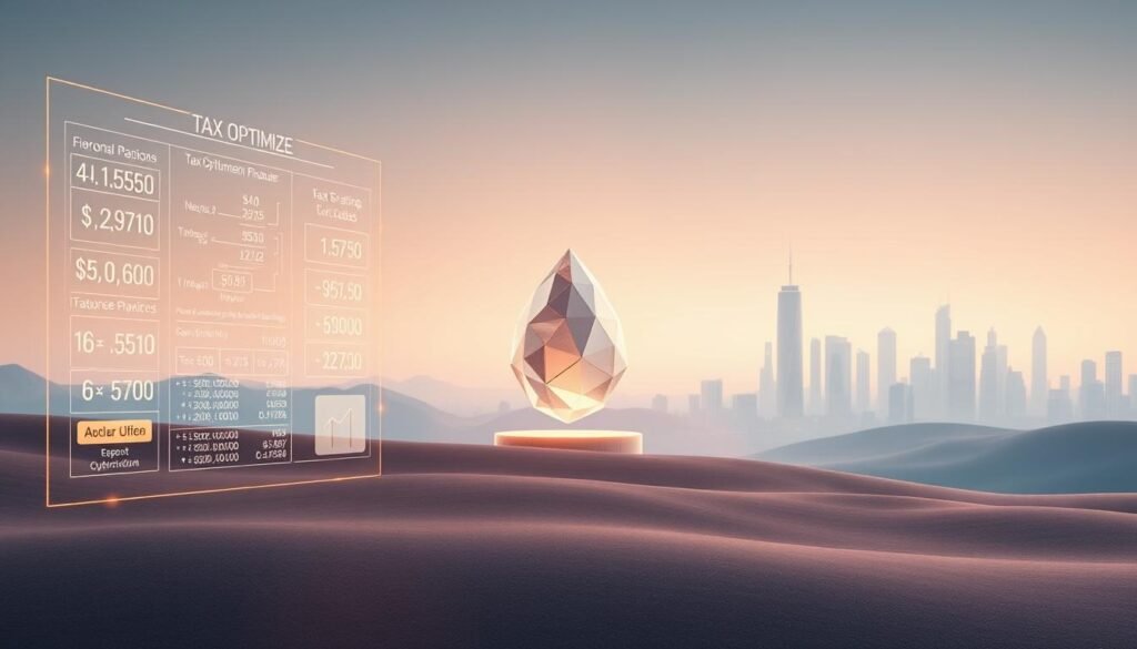 A serene, minimalist digital landscape depicting strategies for optimizing cryptocurrency taxation. In the foreground, a glowing holographic display shows intricate financial calculations and tax optimization models. The middle ground features a floating polygon sculpture representing the complexity of the crypto ecosystem. In the background, a soft, ethereal cityscape with skyscrapers constructed from digital currency symbols evokes the futuristic nature of the decentralized finance world. The scene is illuminated by a warm, diffused lighting, creating a calming, contemplative atmosphere. The composition emphasizes the intersection of technology, finance, and responsible tax planning in the modern crypto economy.